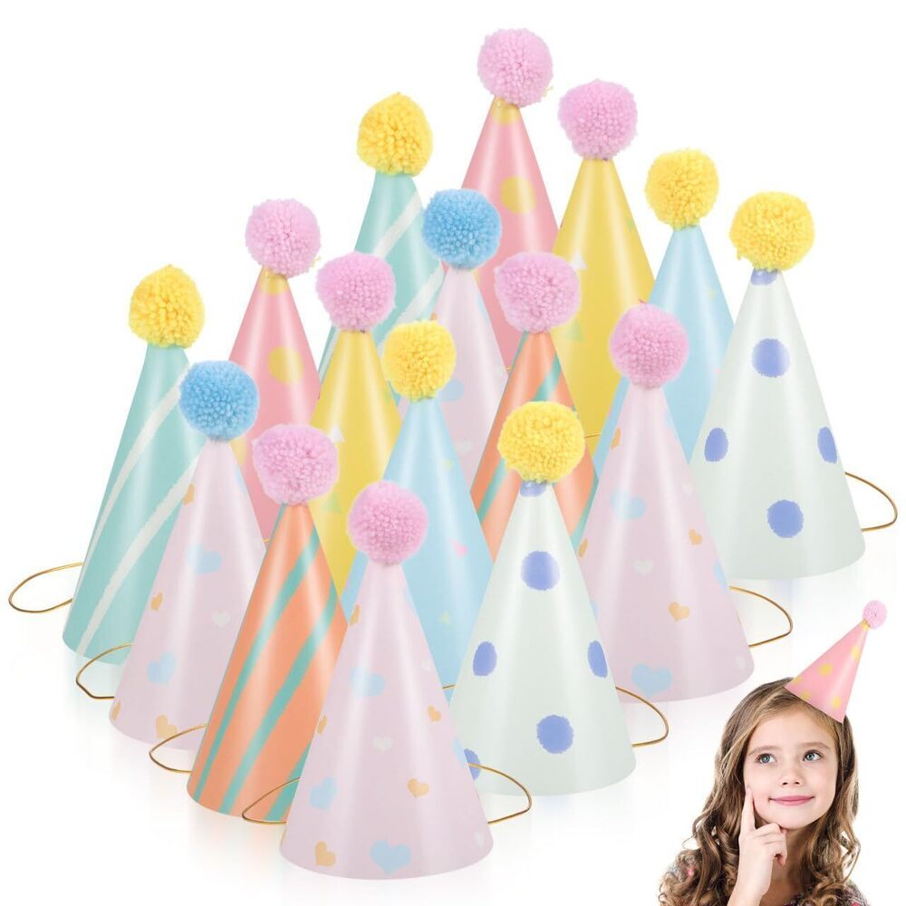 8129 Birthday Hat - 12 Pcs Multi-Color Cone Hats Soft Paper Party for Kids